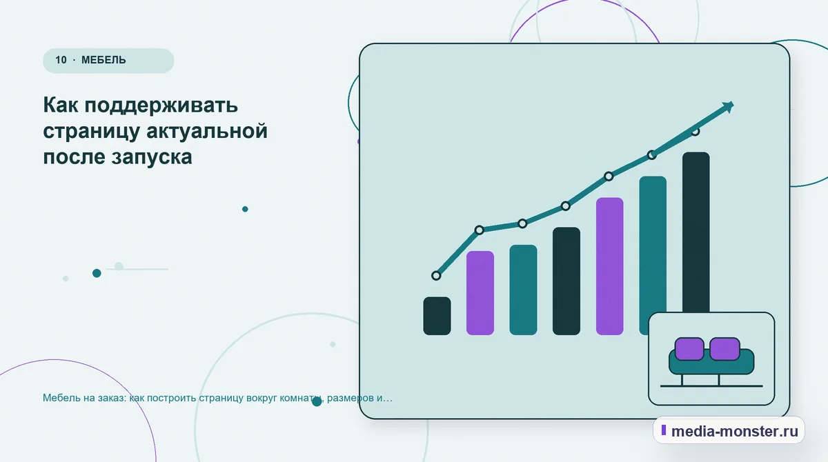 Итог и следующий шаг. Как поддерживать страницу актуальной после запуска: иллюстрация к статье «Мебель на заказ: как построить страницу вокруг комнаты, размеров и сценария использования»