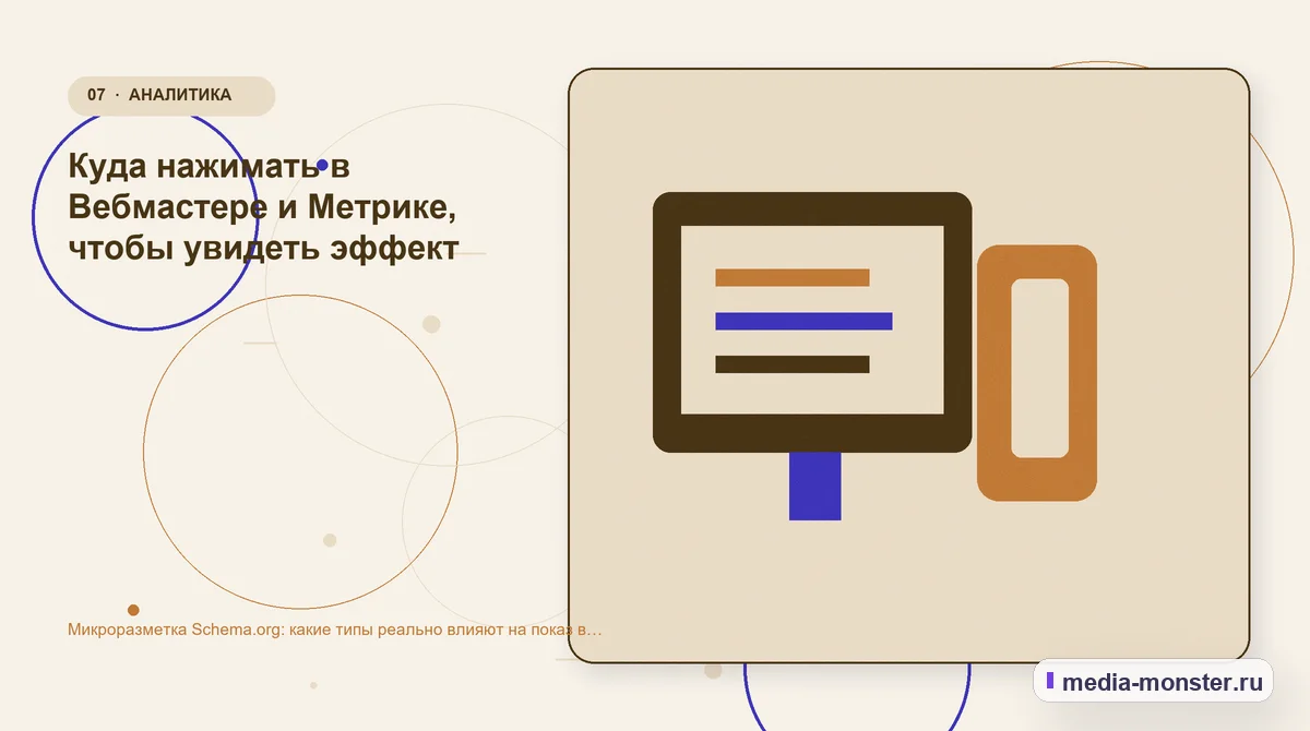 Изображение 7: Каналы и точки контакта — Микроразметка Schema.org: какие типы реально влияют на показ в поиске | Media Monster Каналы и точки контакта. Куда нажимать в Вебмастере и Метрике, чтобы увидеть эффект: иллюстрация к статье «Микроразметка Schema.org: какие типы реально влияют на показ в поиске»