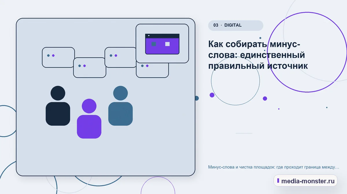 Изображение 3: Аудитория и сценарий выбора — Минус-слова и чистка площадок: где проходит граница между экономией и потерей заявок | Media Monster Аудитория и сценарий выбора. Как собирать минус-слова: единственный правильный источник: иллюстрация к статье «Минус-слова и чистка площадок: где проходит граница между экономией и потерей…