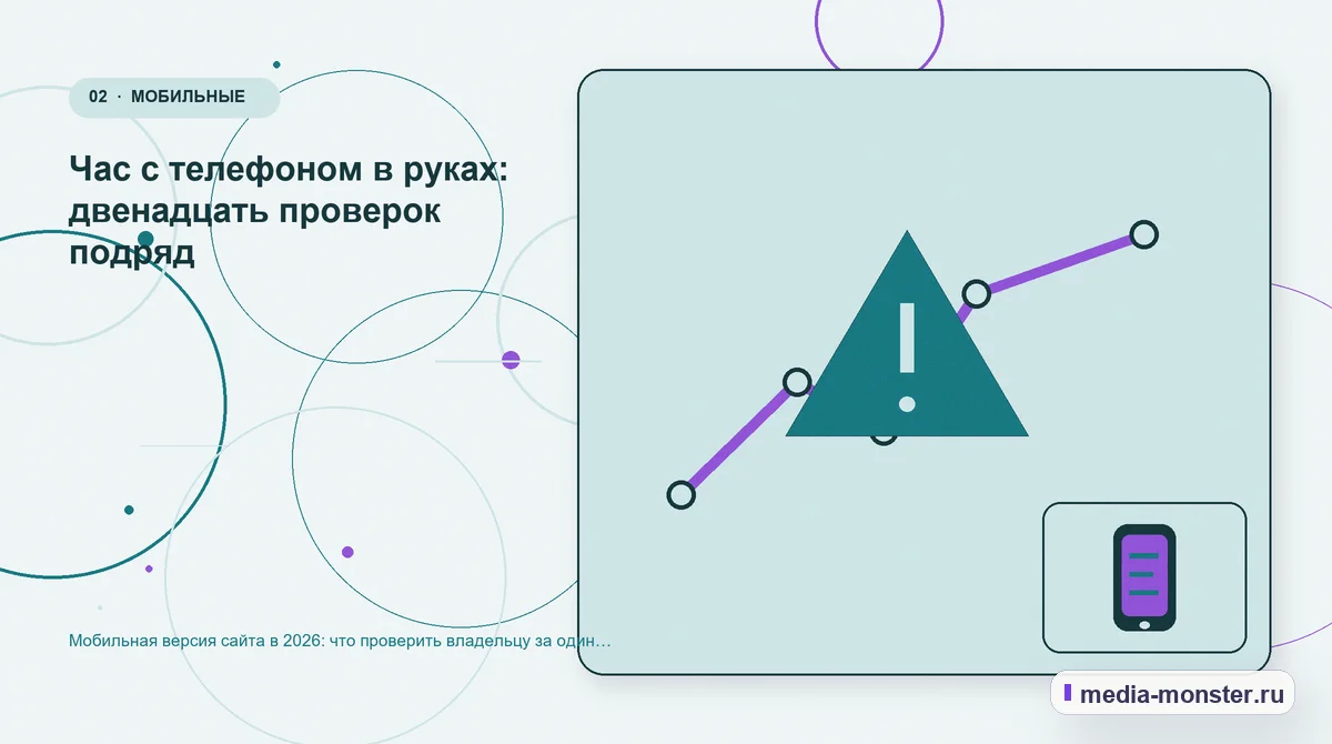 Изображение 2: Проблема и точка потери — Мобильная версия сайта в 2026: что проверить владельцу за один вечер | Media Monster Проблема и точка потери. Час с телефоном в руках: двенадцать проверок подряд: иллюстрация к статье «Мобильная версия сайта в 2026: что проверить владельцу за один вечер»