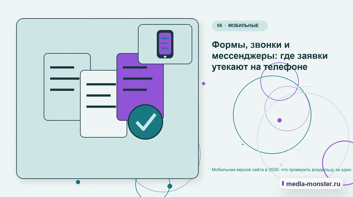 Изображение 5: Данные и доказательства — Мобильная версия сайта в 2026: что проверить владельцу за один вечер | Media Monster Данные и доказательства. Формы, звонки и мессенджеры: где заявки утекают на телефоне: иллюстрация к статье «Мобильная версия сайта в 2026: что проверить владельцу за один вечер»