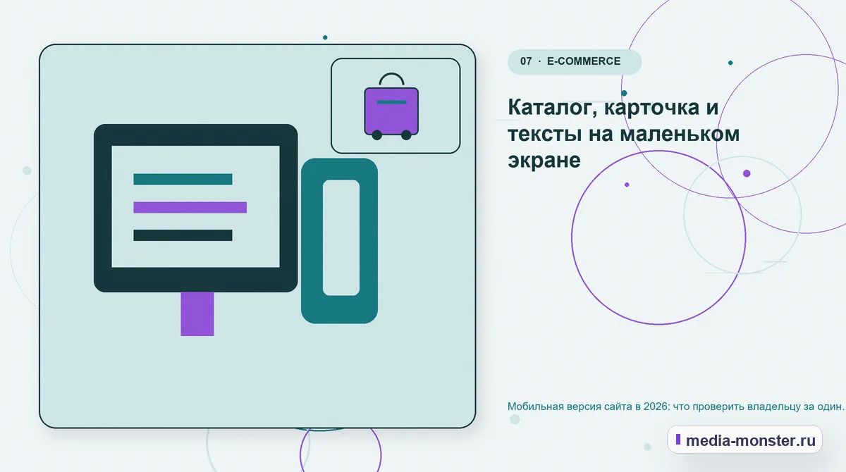 Каналы и точки контакта. Каталог, карточка и тексты на маленьком экране: иллюстрация к статье «Мобильная версия сайта в 2026: что проверить владельцу за один вечер»
