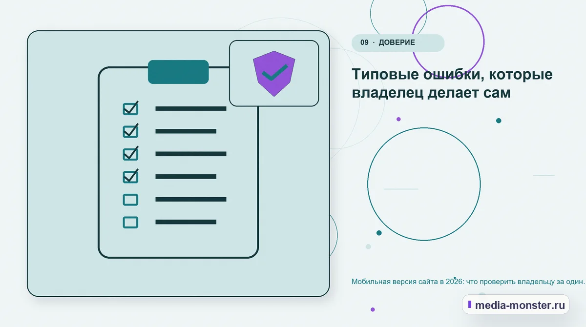 Контрольные показатели. Типовые ошибки, которые владелец делает сам: иллюстрация к статье «Мобильная версия сайта в 2026: что проверить владельцу за один вечер»