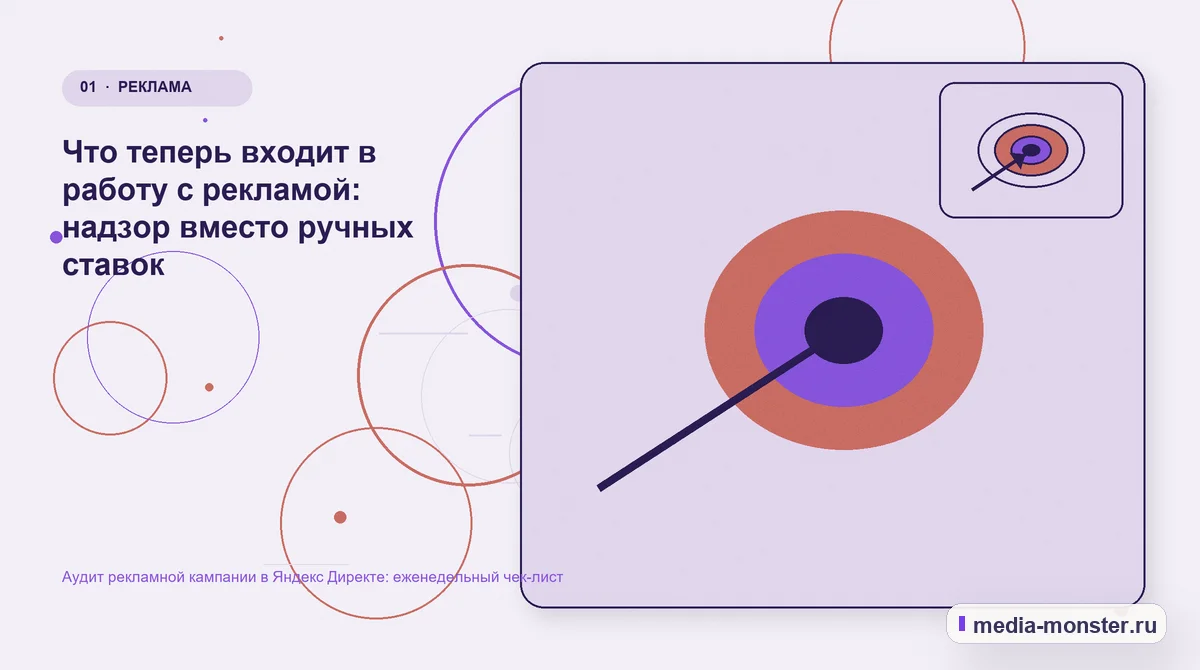 Изображение 1: Ключевая тема материала — Аудит рекламной кампании в Яндекс Директе: еженедельный чек-лист | Media Monster Ключевая тема материала. Что теперь входит в работу с рекламой: надзор вместо ручных ставок: иллюстрация к статье «Аудит рекламной кампании в Яндекс Директе: еженедельный чек-лист»