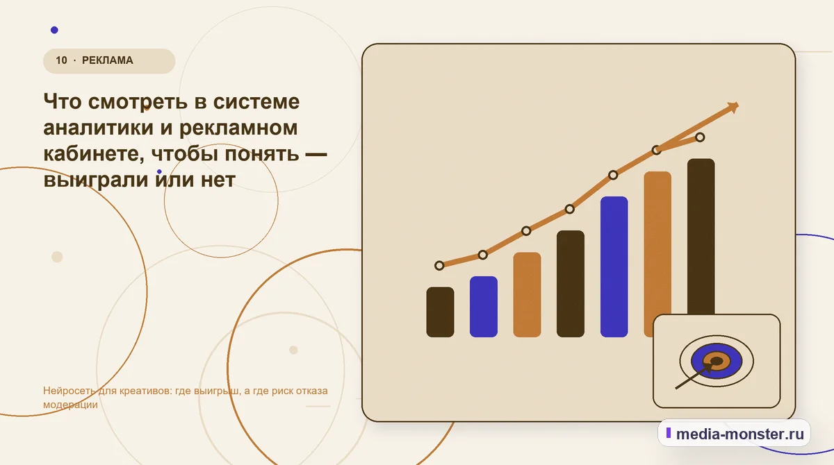Изображение 10: Итог и следующий шаг — Нейросеть для креативов: где выигрыш, а где риск отказа модерации | Media Monster Итог и следующий шаг. Что смотреть в системе аналитики и рекламном кабинете, чтобы понять — выиграли или нет: иллюстрация к статье «Нейросеть для креативов: где выигрыш, а где риск отказа…