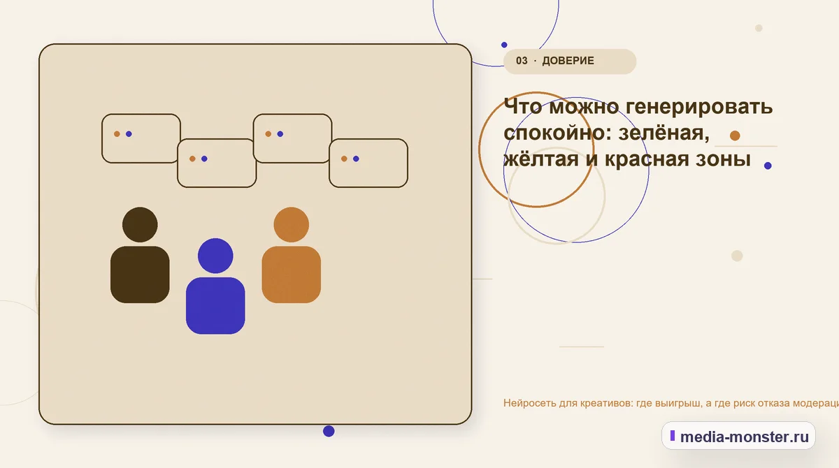 Нейросеть для креативов: где выигрыш, а где риск отказа модерации — иллюстрация к разделу «Что можно генерировать спокойно: зелёная, жёлтая и красная зоны»