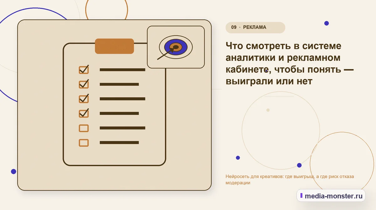 Изображение 9: Контрольные показатели — Нейросеть для креативов: где выигрыш, а где риск отказа модерации | Media Monster Контрольные показатели. Что смотреть в системе аналитики и рекламном кабинете, чтобы понять — выиграли или нет: иллюстрация к статье «Нейросеть для креативов: где выигрыш, а где риск…