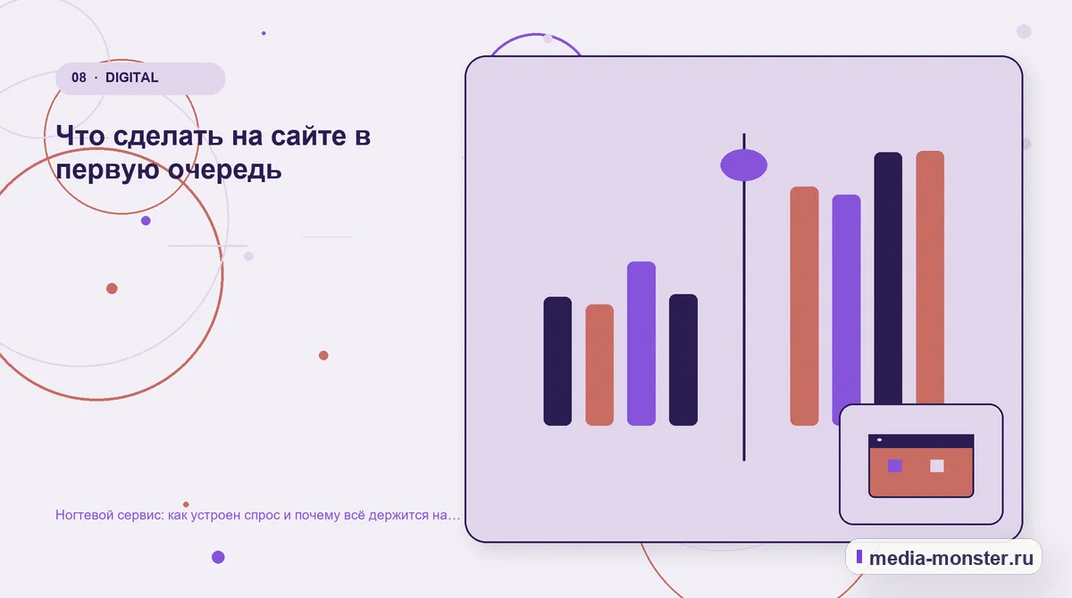 Сравнение вариантов. Что сделать на сайте в первую очередь: иллюстрация к статье «Ногтевой сервис: как устроен спрос и почему всё держится на повторных визитах»