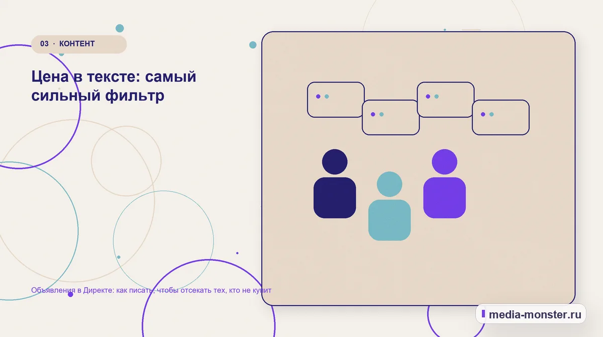Изображение 3: Аудитория и сценарий выбора — Объявления в Директе: как писать, чтобы отсекать тех, кто не купит | Media Monster Аудитория и сценарий выбора. Цена в тексте: самый сильный фильтр: иллюстрация к статье «Объявления в Директе: как писать, чтобы отсекать тех, кто не купит»