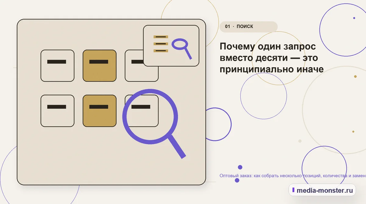 Изображение 1: Ключевая тема материала — Оптовый заказ: как собрать несколько позиций, количества и замены в одном запросе | Media Monster Ключевая тема материала. Почему один запрос вместо десяти — это принципиально иначе: иллюстрация к статье «Оптовый заказ: как собрать несколько позиций, количества и замены в одном запросе»