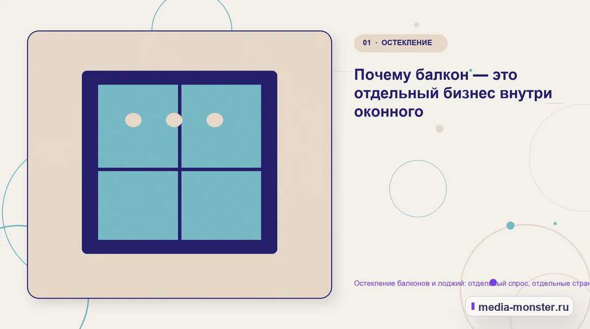 Изображение 1: Ключевая тема материала — Остекление балконов и лоджий: отдельный спрос, отдельные страницы, отдельная реклама | Media Monster Ключевая тема материала. Почему балкон — это отдельный бизнес внутри оконного: иллюстрация к статье «Остекление балконов и лоджий: отдельный спрос, отдельные страницы, отдельная реклама»