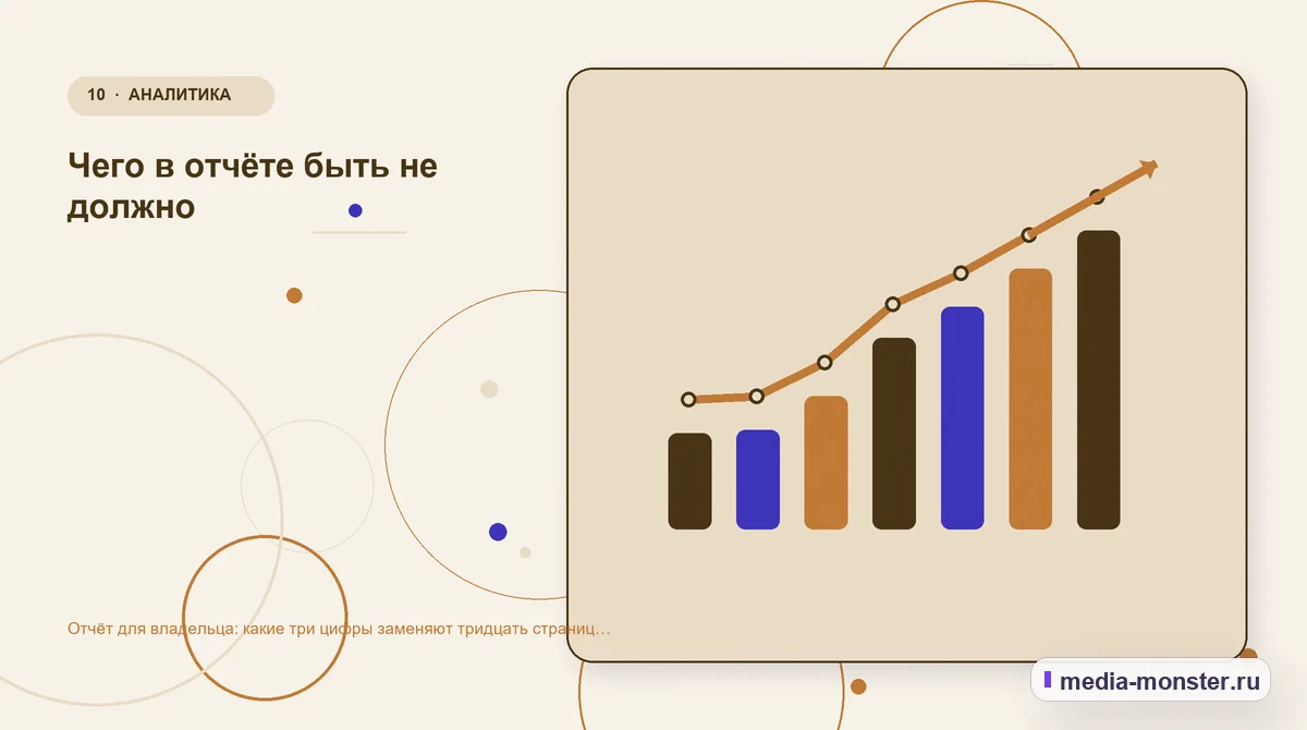Изображение 10: Итог и следующий шаг — Отчёт для владельца: какие три цифры заменяют тридцать страниц статистики | Media Monster Итог и следующий шаг. Чего в отчёте быть не должно: иллюстрация к статье «Отчёт для владельца: какие три цифры заменяют тридцать страниц статистики»