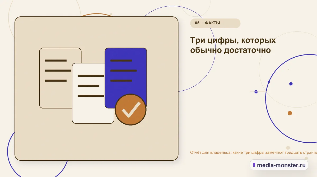 Данные и доказательства. Три цифры, которых обычно достаточно: иллюстрация к статье «Отчёт для владельца: какие три цифры заменяют тридцать страниц статистики»