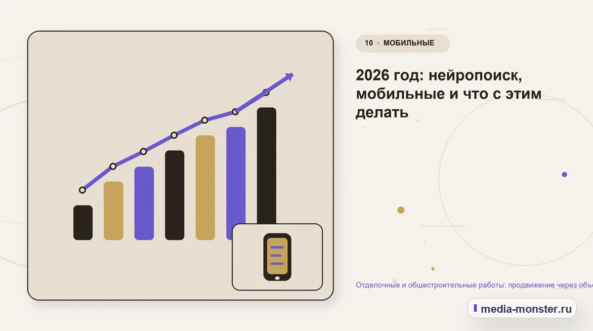 Изображение 10: Итог и следующий шаг — Отделочные и общестроительные работы: продвижение через объекты и фотоотчёты | Media Monster Итог и следующий шаг. 2026 год: нейропоиск, мобильные и что с этим делать: иллюстрация к статье «Отделочные и общестроительные работы: продвижение через объекты и фотоотчёты»