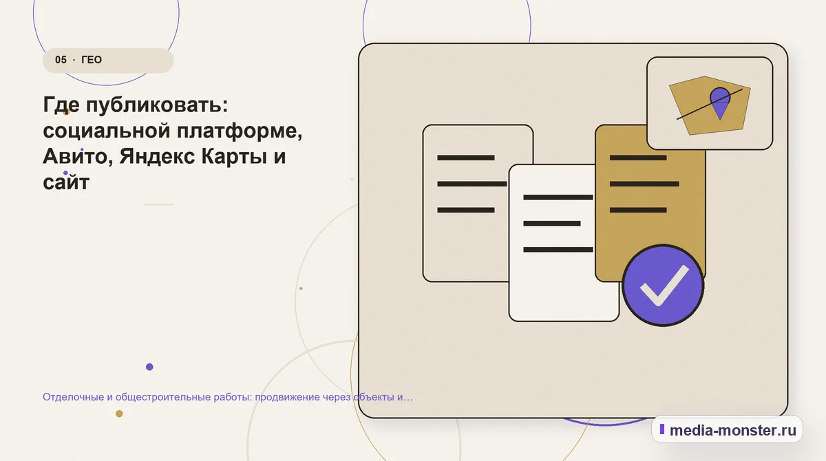 Данные и доказательства. Где публиковать: социальной платформе, Авито, Яндекс Карты и сайт: иллюстрация к статье «Отделочные и общестроительные работы: продвижение через объекты и…