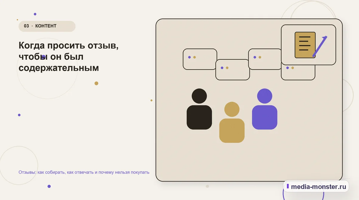 Изображение 3: Аудитория и сценарий выбора — Отзывы: как собирать, как отвечать и почему нельзя покупать | Media Monster Аудитория и сценарий выбора. Когда просить отзыв, чтобы он был содержательным: иллюстрация к статье «Отзывы: как собирать, как отвечать и почему нельзя покупать»