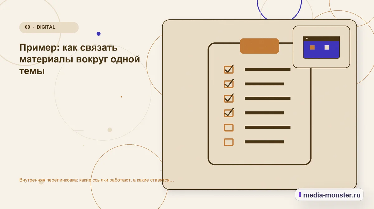 Изображение 9: Контрольные показатели — Внутренняя перелинковка: какие ссылки работают, а какие ставятся зря | Media Monster Контрольные показатели. Пример: как связать материалы вокруг одной темы: иллюстрация к статье «Внутренняя перелинковка: какие ссылки работают, а какие ставятся зря»