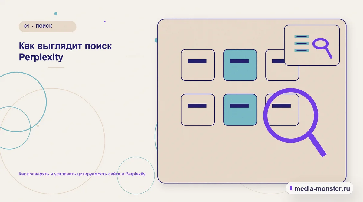 Ключевая тема материала. Как выглядит поиск Perplexity: иллюстрация к статье «Как проверять и усиливать цитируемость сайта в Perplexity»