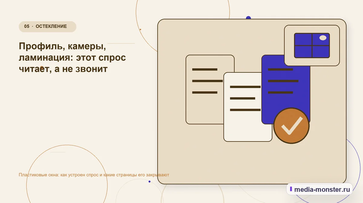 Изображение 5: Данные и доказательства — Пластиковые окна: как устроен спрос и какие страницы его закрывают | Media Monster Данные и доказательства. Профиль, камеры, ламинация: этот спрос читает, а не звонит: иллюстрация к статье «Пластиковые окна: как устроен спрос и какие страницы его закрывают»