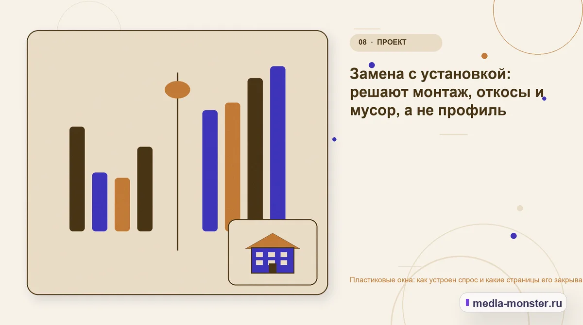 Изображение 8: Сравнение вариантов — Пластиковые окна: как устроен спрос и какие страницы его закрывают | Media Monster Сравнение вариантов. Замена с установкой: решают монтаж, откосы и мусор, а не профиль: иллюстрация к статье «Пластиковые окна: как устроен спрос и какие страницы его закрывают»