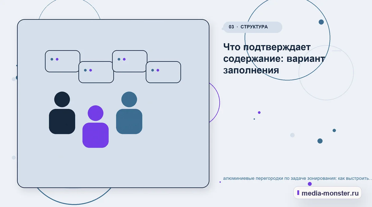 Аудитория и сценарий выбора. Что подтверждает содержание: вариант заполнения: иллюстрация к статье «алюминиевые перегородки по задаче зонирования: как выстроить контент, структуру и путь…