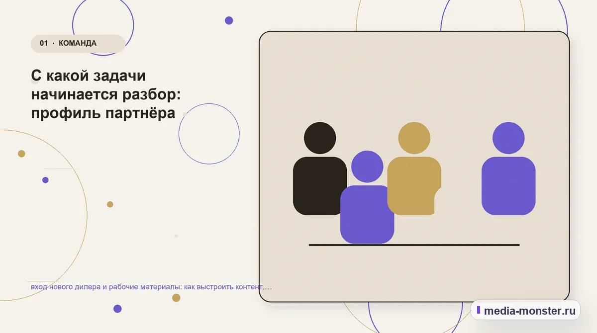 Изображение 1: Ключевая тема материала — вход нового дилера и рабочие материалы: как выстроить контент, структуру и путь до обращения | Media Monster Ключевая тема материала. С какой задачи начинается разбор: профиль партнёра: иллюстрация к статье «вход нового дилера и рабочие материалы: как выстроить контент, структуру и путь до…