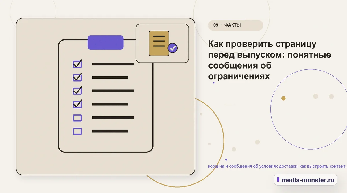 Изображение 9: Контрольные показатели — Как показать корзина и сообщения об условиях доставки на сайте: критерии выбора, ограничения и заявка | Media Monster Контрольные показатели. Редакторская проверка перед публикацией: иллюстрация к статье «Как показать корзина и сообщения об условиях доставки на сайте: критерии выбора, ограничения и заявка»