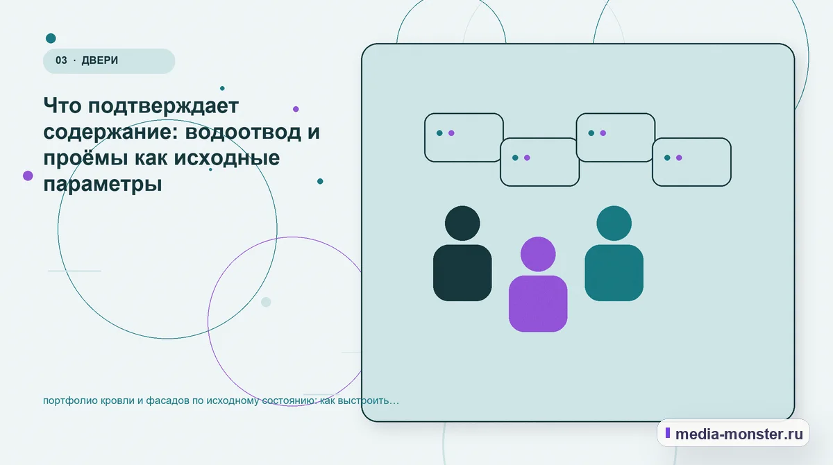 Аудитория и сценарий выбора. Что подтверждает содержание: водоотвод и проёмы как исходные параметры: иллюстрация к статье «портфолио кровли и фасадов по исходному состоянию: как выстроить…