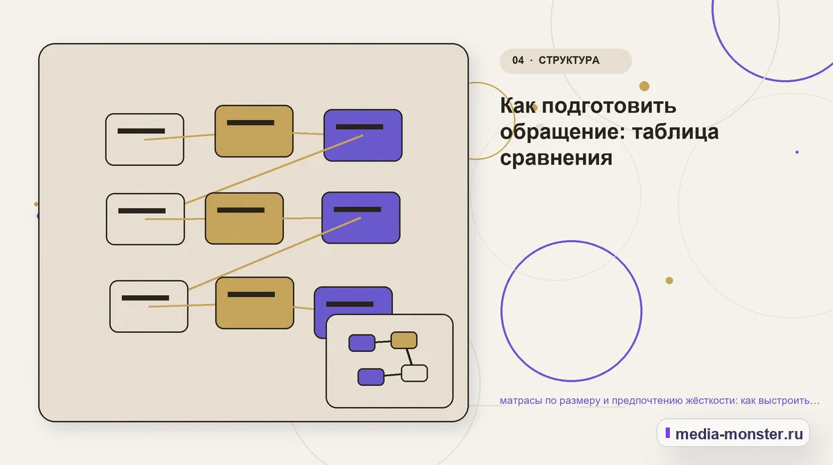 Структура решения. Как подготовить обращение: таблица сравнения: иллюстрация к статье «матрасы по размеру и предпочтению жёсткости: как выстроить контент, структуру и путь до обращения»