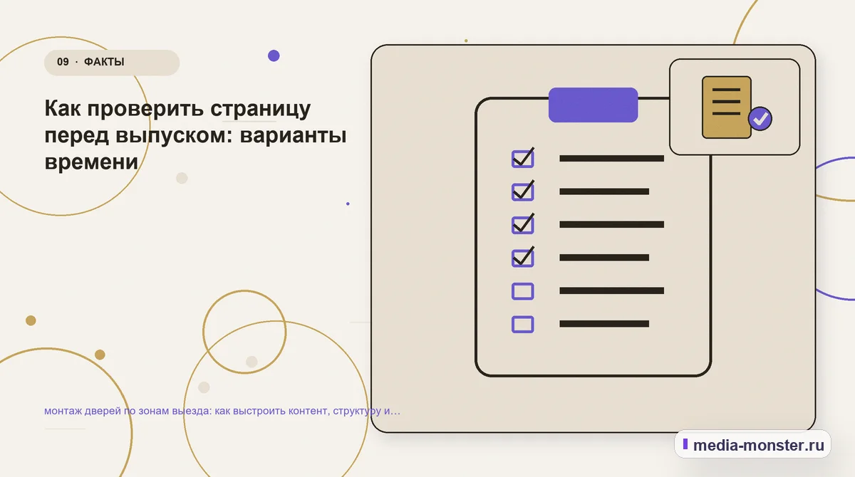 Изображение 9: Контрольные показатели — Как показать монтаж дверей по зонам выезда на сайте: критерии выбора, ограничения и заявка | Media Monster Контрольные показатели. Редакторская проверка перед публикацией: иллюстрация к статье «Как показать монтаж дверей по зонам выезда на сайте: критерии выбора, ограничения и заявка»