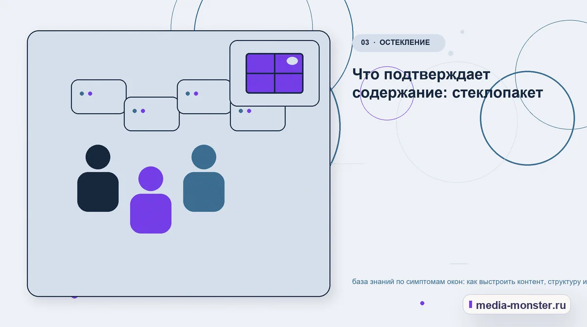 Аудитория и сценарий выбора. Что подтверждает содержание: стеклопакет: иллюстрация к статье «база знаний по симптомам окон: как выстроить контент, структуру и путь до обращения»