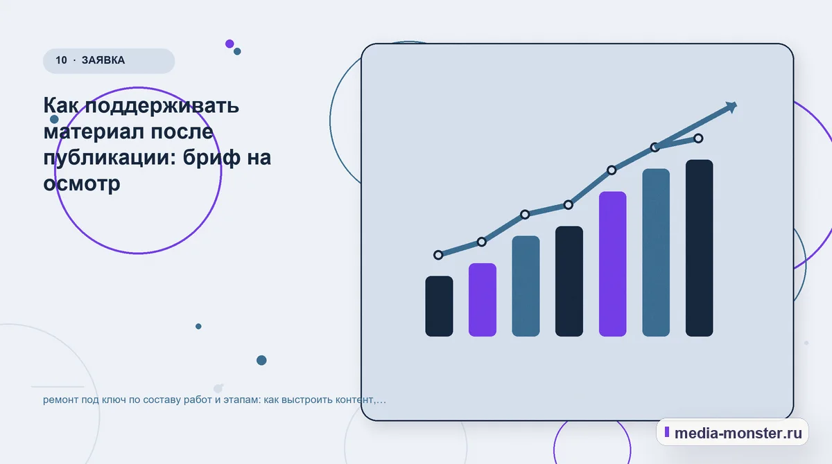 Итог и следующий шаг. Как поддерживать материал после публикации: бриф на осмотр: иллюстрация к статье «ремонт под ключ по составу работ и этапам: как выстроить контент, структуру и путь…