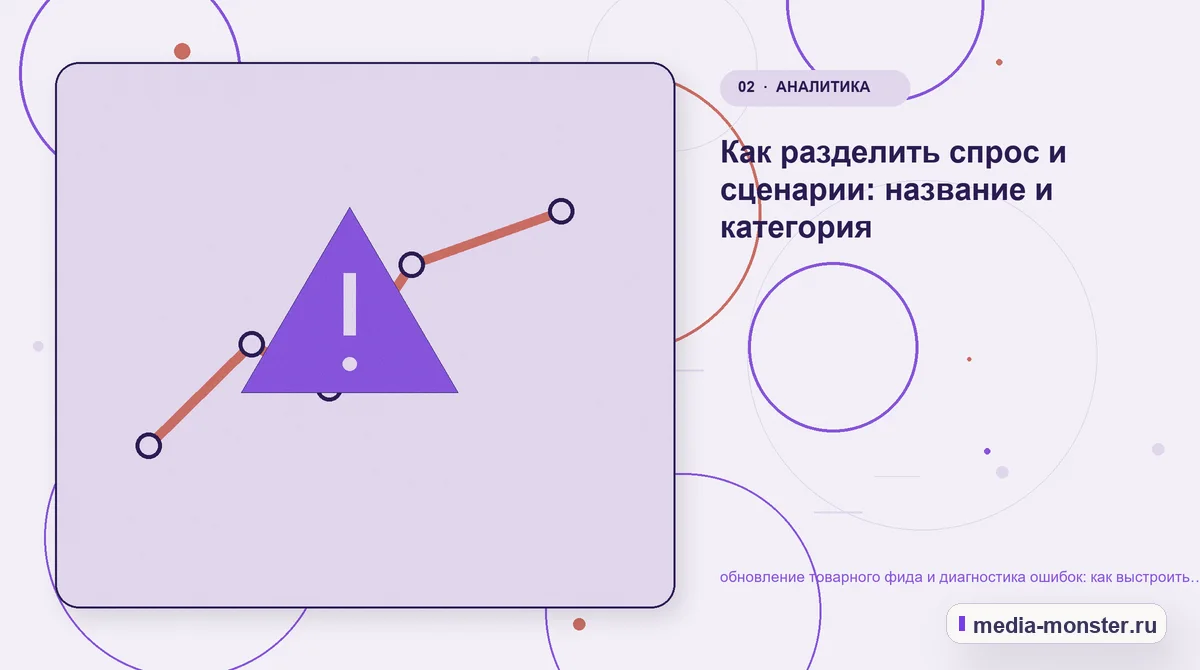 Изображение 2: Проблема и точка потери — обновление товарного фида и диагностика ошибок: как выстроить контент, структуру и путь до обращения | Media Monster Проблема и точка потери. Как разделить спрос и сценарии: название и категория: иллюстрация к статье «обновление товарного фида и диагностика ошибок: как выстроить контент, структуру и путь…