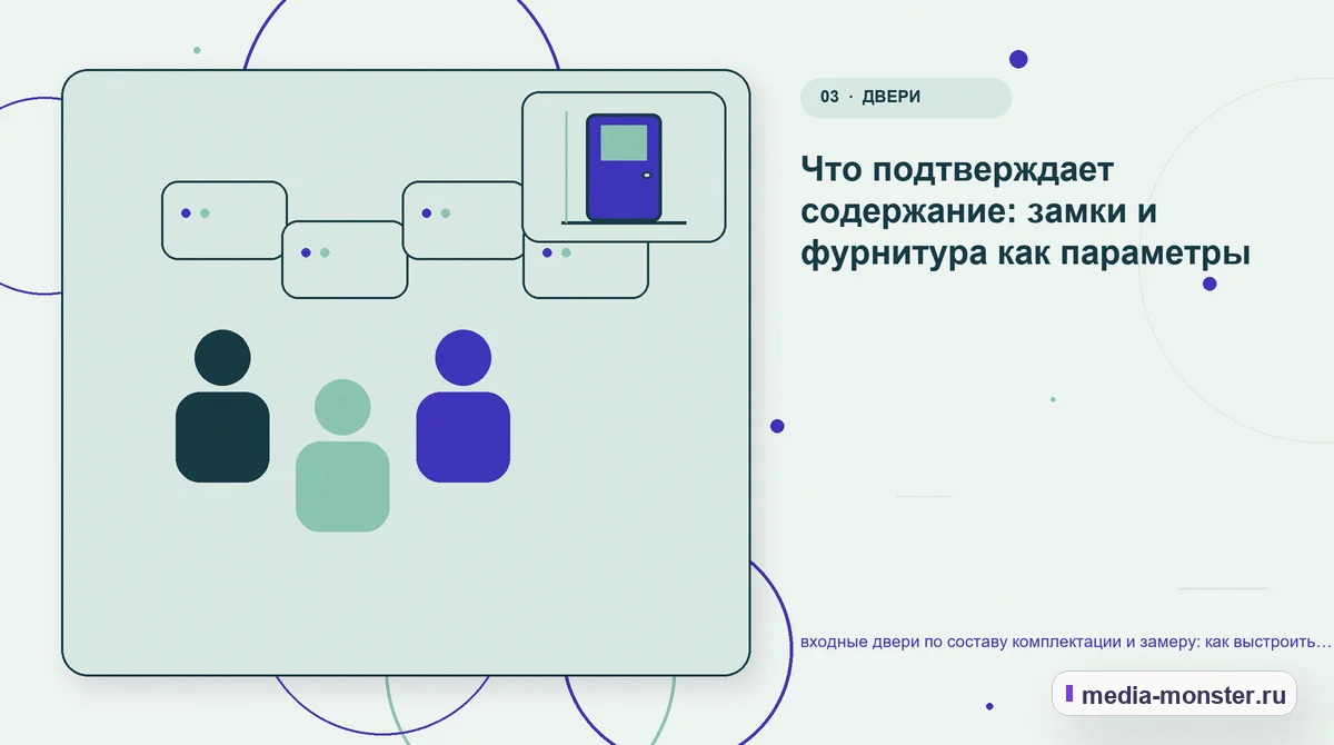 Изображение 3: Аудитория и сценарий выбора — входные двери по составу комплектации и замеру: как выстроить контент, структуру и путь до обращения | Media Monster Аудитория и сценарий выбора. Что подтверждает содержание: замки и фурнитура как параметры: иллюстрация к статье «входные двери по составу комплектации и замеру: как выстроить контент,…