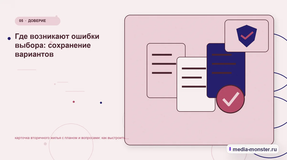 Изображение 5: Данные и доказательства — карточка вторичного жилья с планом и вопросами: как выстроить контент, структуру и путь до обращения | Media Monster Данные и доказательства. Где возникают ошибки выбора: сохранение вариантов: иллюстрация к статье «карточка вторичного жилья с планом и вопросами: как выстроить контент, структуру и путь до…