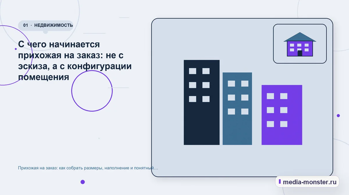 Изображение 1: Ключевая тема материала — Прихожая на заказ: как собрать размеры, наполнение и понятный предварительный расчёт | Media Monster Ключевая тема материала. С чего начинается прихожая на заказ: не с эскиза, а с конфигурации помещения: иллюстрация к статье «Прихожая на заказ: как собрать размеры, наполнение и понятный…