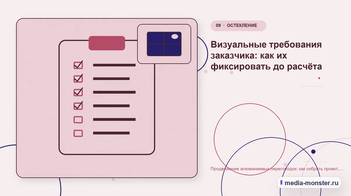 Контрольные показатели. Визуальные требования заказчика: как их фиксировать до расчёта: иллюстрация к статье «Продвижение алюминиевых перегородок: как собрать проект, заполнение и исходные…