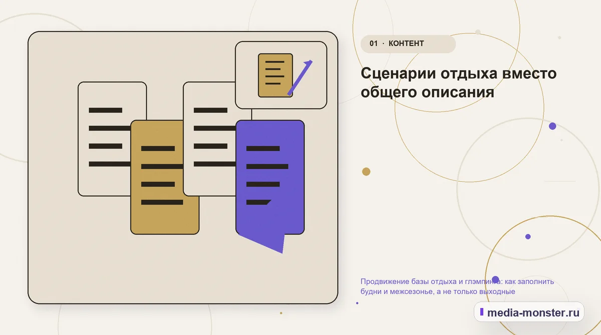 Изображение 1: Ключевая тема материала — Продвижение базы отдыха и глэмпинга: как заполнить будни и межсезонье, а не только выходные | Media Monster Ключевая тема материала. Сценарии отдыха вместо общего описания: иллюстрация к статье «Продвижение базы отдыха и глэмпинга: как заполнить будни и межсезонье, а не только выходные»