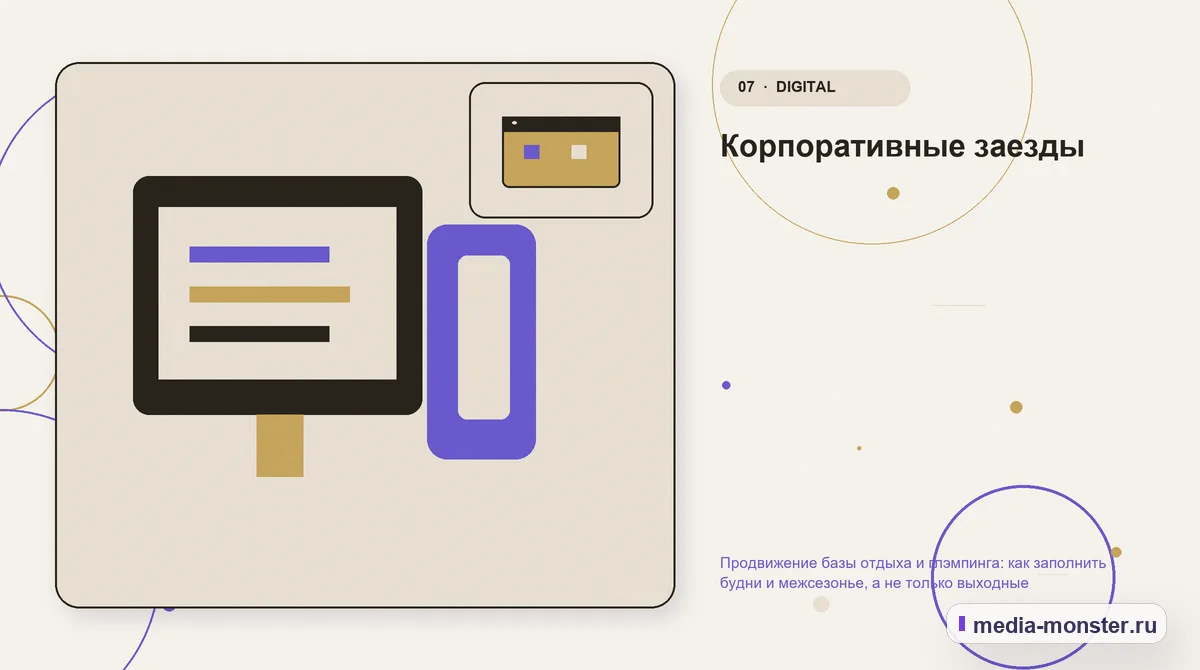 Каналы и точки контакта. Корпоративные заезды: иллюстрация к статье «Продвижение базы отдыха и глэмпинга: как заполнить будни и межсезонье, а не только выходные»