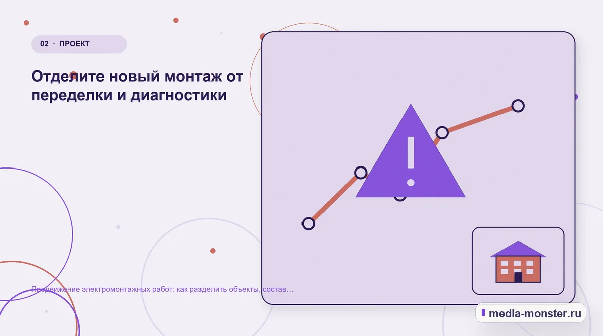 Изображение 2: Проблема и точка потери — Продвижение электромонтажных работ: как разделить объекты, состав работ и запрос на расчёт | Media Monster Проблема и точка потери. Отделите новый монтаж от переделки и диагностики: иллюстрация к статье «Продвижение электромонтажных работ: как разделить объекты, состав работ и запрос на расчёт»