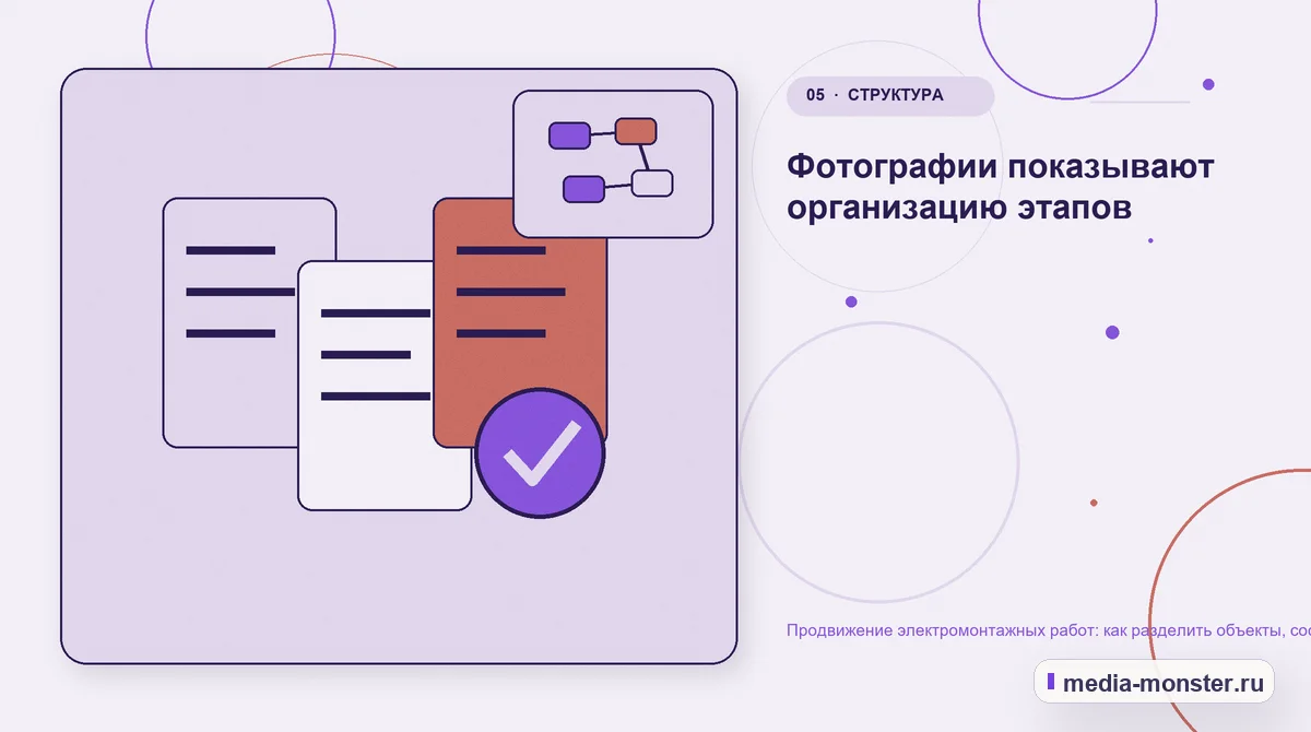 Данные и доказательства. Фотографии показывают организацию этапов: иллюстрация к статье «Продвижение электромонтажных работ: как разделить объекты, состав работ и запрос на расчёт»