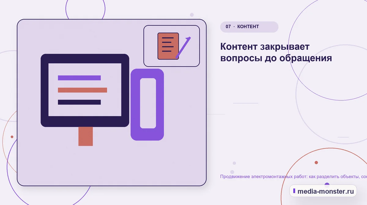 Каналы и точки контакта. Контент закрывает вопросы до обращения: иллюстрация к статье «Продвижение электромонтажных работ: как разделить объекты, состав работ и запрос на расчёт»
