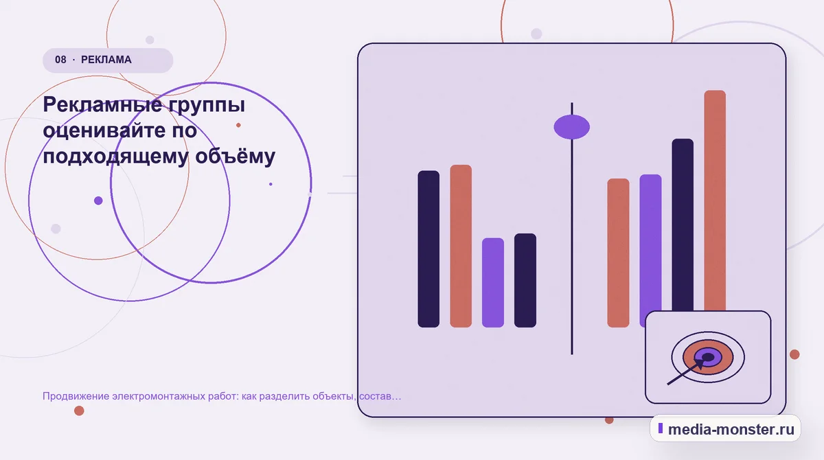 Сравнение вариантов. Рекламные группы оценивайте по подходящему объёму: иллюстрация к статье «Продвижение электромонтажных работ: как разделить объекты, состав работ и запрос на расчёт»