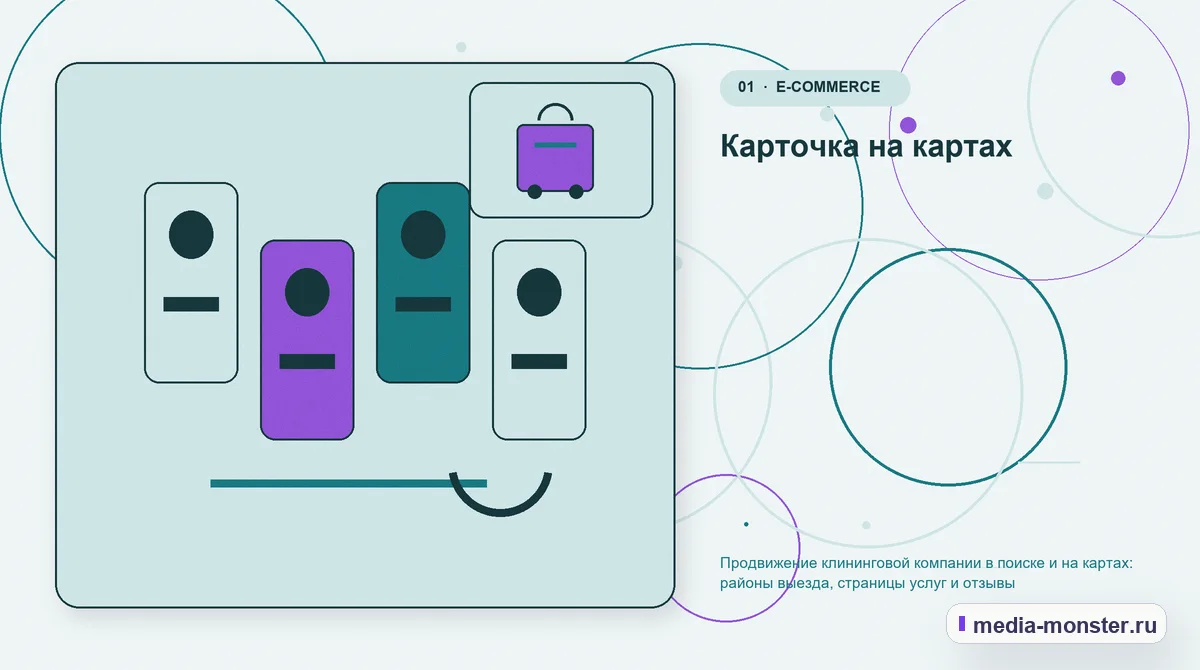 Изображение 1: Ключевая тема материала — Продвижение клининговой компании в поиске и на картах: районы выезда, страницы услуг и отзывы | Media Monster Ключевая тема материала. Карточка на картах: иллюстрация к статье «Продвижение клининговой компании в поиске и на картах: районы выезда, страницы услуг и отзывы»