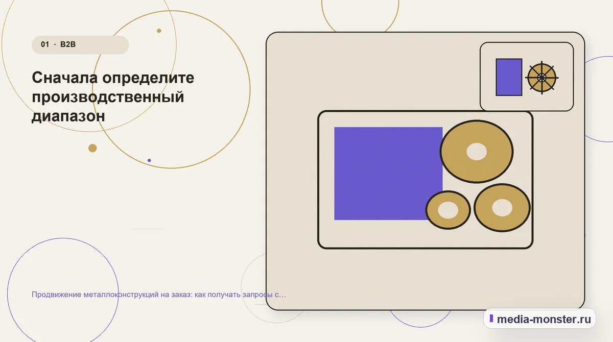 Изображение 1: Ключевая тема материала — Продвижение металлоконструкций на заказ: как получать запросы с чертежами, объёмом и сроком | Media Monster Ключевая тема материала. Сначала определите производственный диапазон: иллюстрация к статье «Продвижение металлоконструкций на заказ: как получать запросы с чертежами, объёмом и сроком»