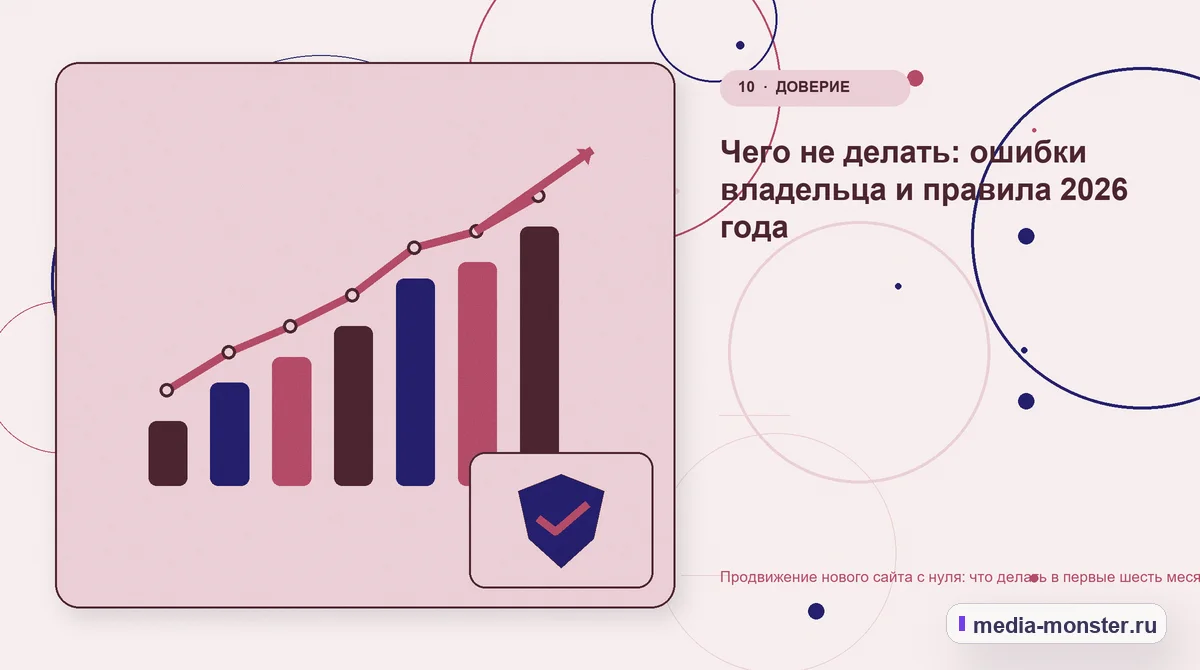 Изображение 10: Итог и следующий шаг — Продвижение нового сайта с нуля: что делать в первые шесть месяцев | Media Monster Итог и следующий шаг. Чего не делать: ошибки владельца и правила 2026 года: иллюстрация к статье «Продвижение нового сайта с нуля: что делать в первые шесть месяцев»
