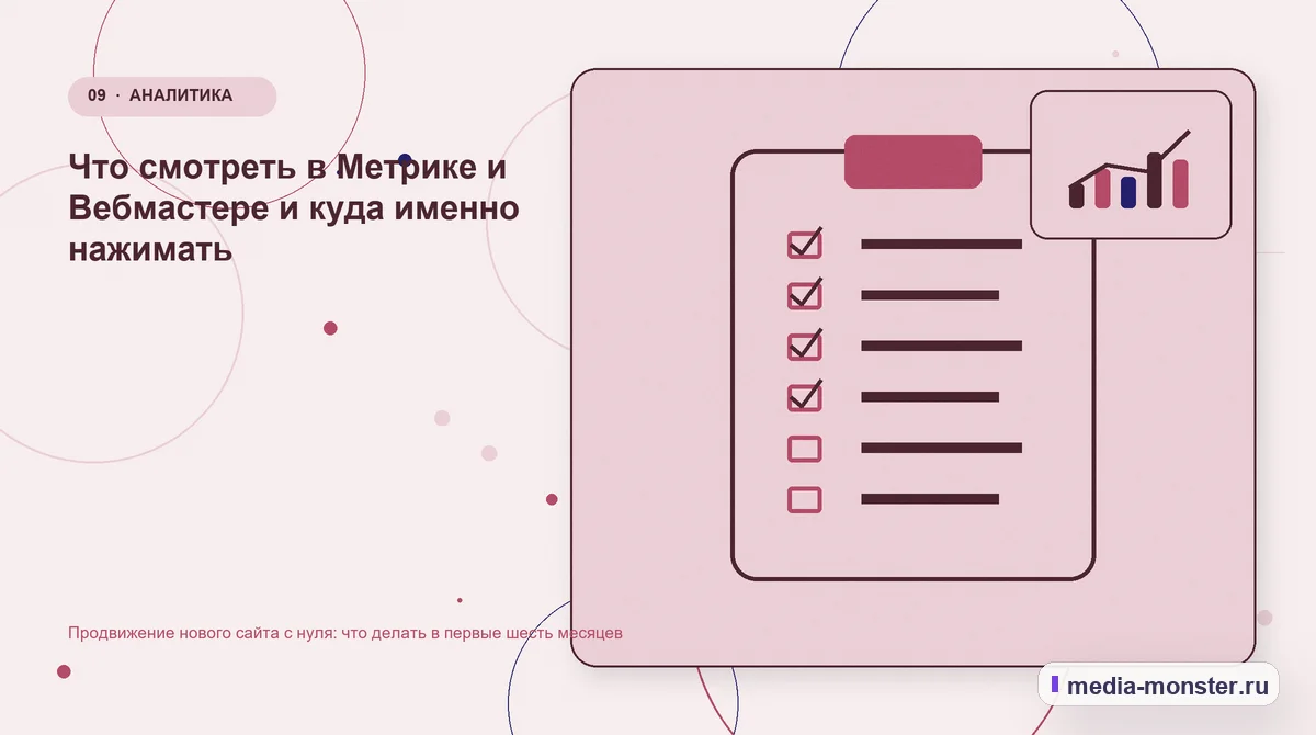 Изображение 9: Контрольные показатели — Продвижение нового сайта с нуля: что делать в первые шесть месяцев | Media Monster Контрольные показатели. Что смотреть в Метрике и Вебмастере и куда именно нажимать: иллюстрация к статье «Продвижение нового сайта с нуля: что делать в первые шесть месяцев»