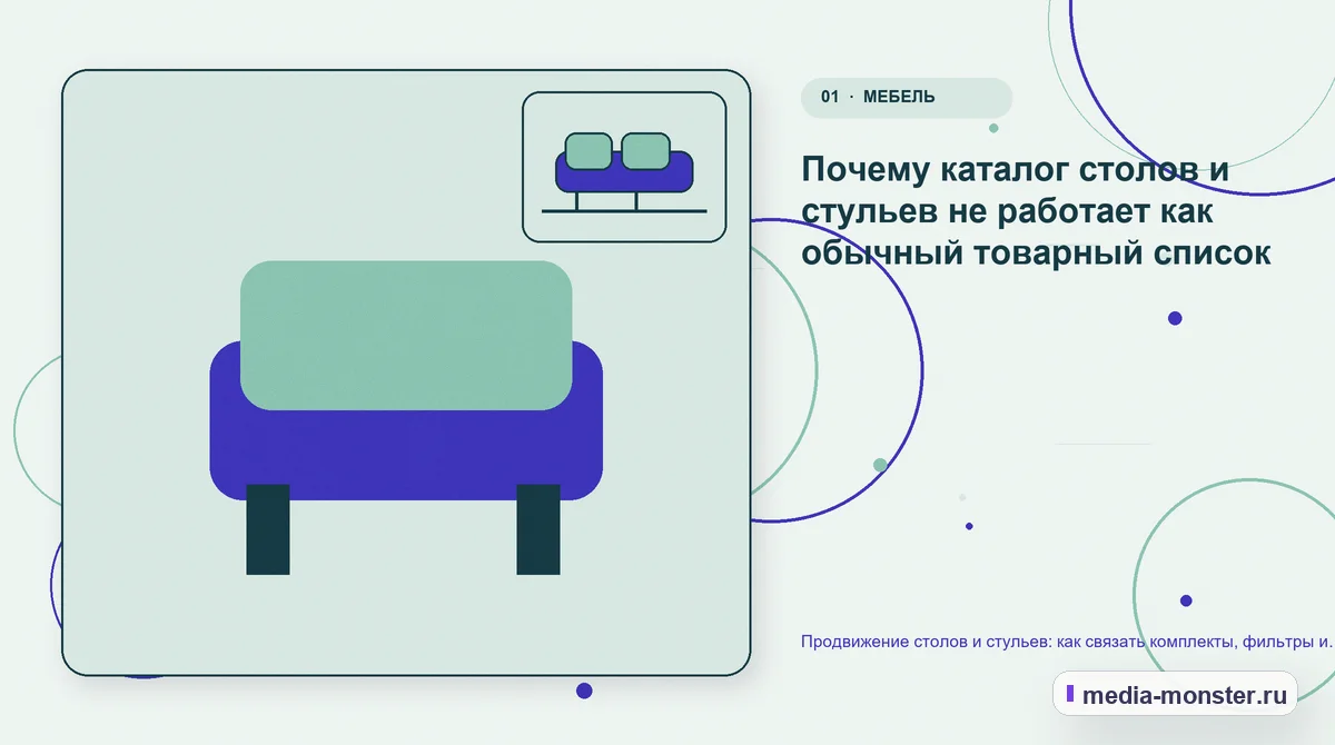 Изображение 1: Ключевая тема материала — Продвижение столов и стульев: как связать комплекты, фильтры и страницы под задачу комнаты | Media Monster Ключевая тема материала. Почему каталог столов и стульев не работает как обычный товарный список: иллюстрация к статье «Продвижение столов и стульев: как связать комплекты, фильтры и…