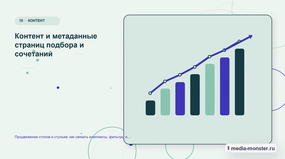 Изображение 10: Итог и следующий шаг — Продвижение столов и стульев: как связать комплекты, фильтры и страницы под задачу комнаты | Media Monster Итог и следующий шаг. Контент и метаданные страниц подбора и сочетаний: иллюстрация к статье «Продвижение столов и стульев: как связать комплекты, фильтры и страницы под задачу комнаты»
