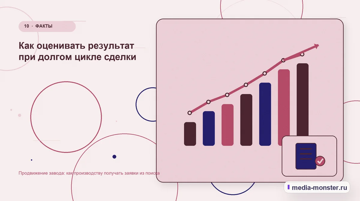 Изображение 10: Итог и следующий шаг — Продвижение завода: как производству получать заявки из поиска | Media Monster Итог и следующий шаг. Как оценивать результат при долгом цикле сделки: иллюстрация к статье «Продвижение завода: как производству получать заявки из поиска»